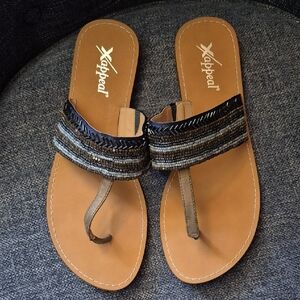 Xappeal Tan and Black Beaded Sandals